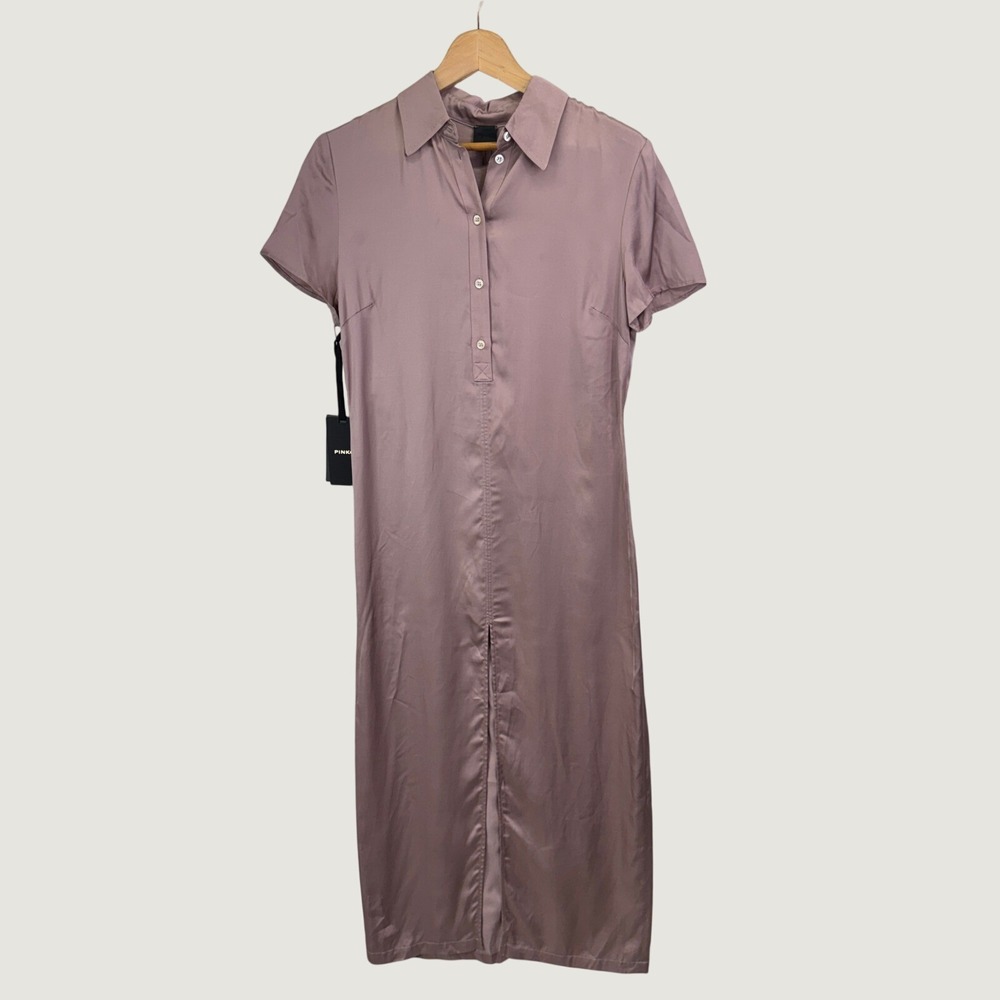 Pinko Satin Shirt Dress 4 Pink Midi Short Sleeve Quiet Luxury Minimalist Chic